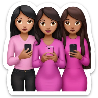 3 brown girl friends with a phone on their hand, one with black long hair, one with brown hair long and the other one with black with brown hair. Wearing pink glammed up  sticker