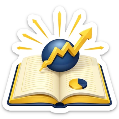 A yellow productivity book with navy blue and gold details, and chart with upward trend aura, radiating productivity, strategy, and success in motion with time and happiness yellow... power in time aura of happiness sticker