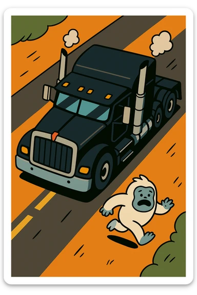 Place the tiny abominable snowman directly on the road in front of the black 2026 Kenworth W680 flat top semi sleeper, top-down cartoon style, no text. The style should be a top-down cartoon style, colorful and playful, with no text. sticker