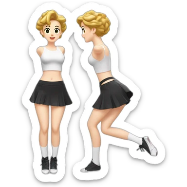alistic-full-body-caucasian-curvy-фигуристка-jumping-short-black-skirt-back-and-front-views-strong-wind-white knickers-long-white-socks sticker