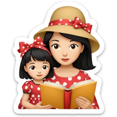 A black hair mother in a ribboned hat wearing polka dot dress reading a storybook to her child. sticker