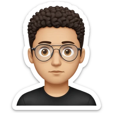 Latino man with light brown complexion, small face and prominent forehead, teardrop-shaped aviator glasses, totally shaved sides with very minimal dark curly hair only on top, gentle expression, simple black t-shirt sticker