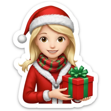 a girl wearing a chirstmas jacket and scarf and holding a christmas gift sticker