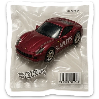 burgundy Hot Wheels Ferrari toy car with 'PLAVLEYS' lettering on the body, shiny and inflated, vacuum-sealed style sticker
