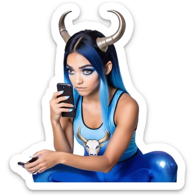 Disapponted-big tears-head back texting on phone-very very large upper body-sexy face-bending forward at waist-very long very straight dark blue to light blue ombre hair-and-blue eyes-thick black eyeliner-goat antlers-iridescent blue lowcut tanktop with black leggings with glitter superman logo sticker
