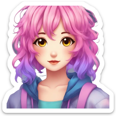 Gorgeous anime style shojo character with blushing face aesthetic and pretty colorful shiny gradient neon hair with hair garment trending style sticker