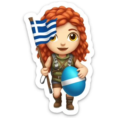 Greek Female winter mountaineer red hair white skin climbing with Greek Flag and Easter eggs basket sticker