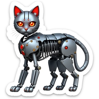 Create a stylized emoji (pixel style, flat design) of a cat with elements of the cyborg Terminator. The cat should be recognizable as an emoji (simplified shapes, large details), but with a metal skeleton, a glowing red eye (like the T-800) and mechanical details on the face and paws. The second eye could be a regular cat eye. Add some smoke or damage to emphasize the combat style. The background is transparent or neutral. The style is a mix of cute and technological, emphasizing the contrast between the soft cat form and the hard metal.
 sticker
