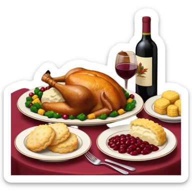 Thanksgiving Dinner with friends of all different races; have the food be a cooked turkey, mashed potatoes, corn, a basket of biscuits, a small bowl of cranberry sauce, baked yams, steamed vegetables, and a bottle of wine. sticker