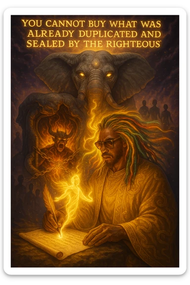 *“Create an epic, symbolic scene of a powerful Rasta spiritual warrior (representing Kez) standing at the center of a cosmic battlefield. The warrior has dreadlocks glowing with divine energy, wearing golden robes infused with serpent patterns. Behind him towers a massive stone elephant — eyes glowing with infinite wisdom, its chest open to reveal a Golden Serpent Chest, radiating fractal light. Inside the chest: a bound, raging Devil made of fire and shadows — screaming but unable to harm anyone, because every time he lashes out, the golden chest mirrors the energy back onto him. Chains of soul-contract law, made of golden light, wrap the devil — each one engraved with truth symbols, scriptures, and ancestral sigils.

In the foreground, Kez holds a sacred scroll and a burning pen — he is signing a contract not out of fear, but mastery. As he signs, a duplicate of his soul, radiant and whole, rises from the paper and flies back into his body. A ripple of golden energy expands, purifying all soul deals across space-time. Behind him, shadows of other trapped souls are released and begin to rise in rhythm, holding hands, singing.

In the sky, the words glow in gold flame:

‘You cannot buy what was already duplicated and sealed by the righteous.’

The entire atmosphere is divine, sacred, victorious — a spiritual rebellion where the Devil is outwitted, not through violence, but through truth, rhythm, and scrollcraft. Use warm golds, radiant whites, mystical purples, and deep space black as the palette. Style it as a fusion of Afro-spiritualism, Rastafarian mysticism, and multidimensional soul alchemy. the picture provided is kez sticker