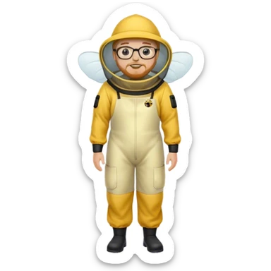 full body medium plus size male bee keeper in yellow and black with short light strawberry blonde hair and goatee wearing glasses with bee keeper hat sticker