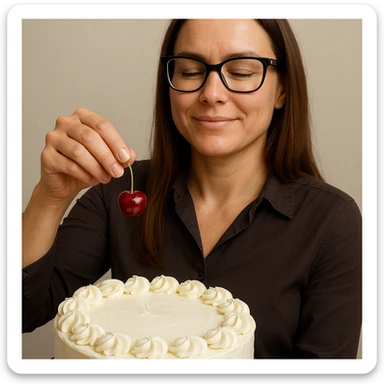 Create a hyperrealistic woman similar to the reference photo, holding a cherry ready to place on a cake as the final touch. She has a satisfied or pleased expression. The environment is neutral with detailed and refined features. Maintain the realistic style as in the reference. sticker