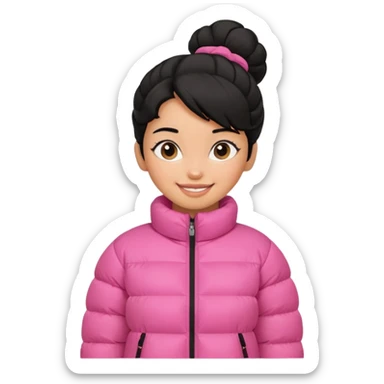 A caramel skinned girl that’s has puffy black hair with her hair up skinny and wears a pink puffer coat sticker
