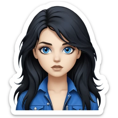 
 rockstar girl with long total black disheveled hair, blue eyes, Smokey eyes grunge makeup, rocking  sticker