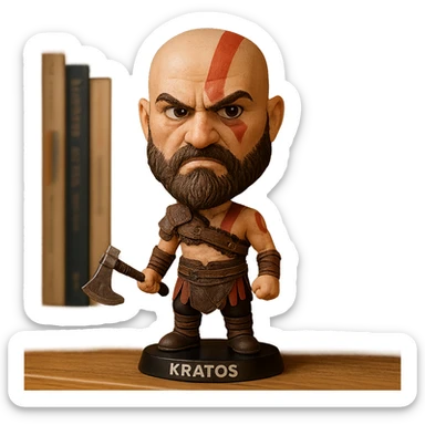 Kratos as a bobblehead with a wobbly head and angry expression sticker