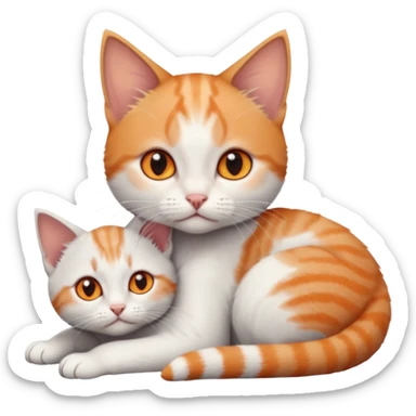 full body of very small + skinny ginger and white kitten with deep orange eyes and triangular shaped face lying down cuddling a grey and white kitten who is a bit bigger than him sticker