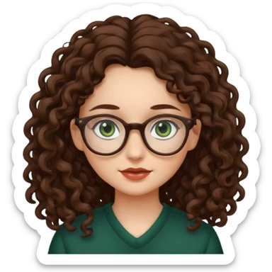 rapariga, olhos verdes escuros, cabelos compridos aos caracóis, com óculos sticker