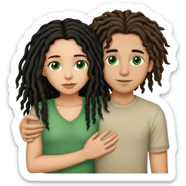 couple holding eachother. boy is light skinned, short brown dreads, and green eyes.girl is light skinned, long curly black hair, and brown eyes. sticker
