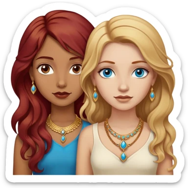 two girls, one who’s indian with wavy dark red hair who’s wearing gold jewelry and a white girl with dirty blonde hair and blue eyes  sticker