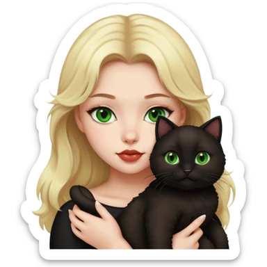 Create an iphone emoji of a blonde girl, with brown eyes and plump lips holding a black fluffy cat with green eyes sticker