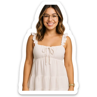 a smiling young woman with medium-length, highlighted, wavy hair, clear eyeglasses, light makeup, wearing a white, ruffled babydoll dress with tied accents and frilled straps, standing confidently with one arm relaxed, white nail polish, gold wristwatch, figure isolated on white, background removed sticker