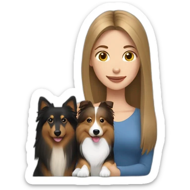 yong woman with light-broun straight hair holds a sable sheltie and bi-black sheltie sticker