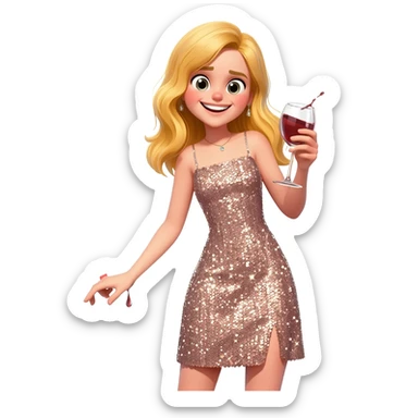 Happy girl, blond girl, dress, party vibe with a glass of wine and this girl is very clumsy sticker