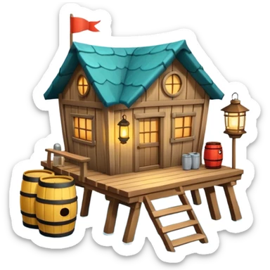 
fisherman house on a wooden pier, small dock, fishing nets hanging, barrels, lantern, ocean vibe, 3D cartoon, cute mobile game icon, clean background, no text
 sticker