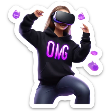 Russian girl wearing black hoody with violet letters "OMG", in vr headset oculus quest2. Dancing. Cyberpunk style. Violet neon. sticker