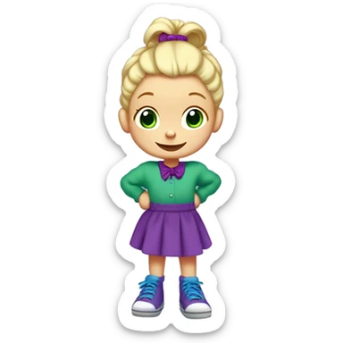 A little blonde girl with pigtails and little purple bows wearing a red long-sleeved shirt and purple overalls skirt with blue tights with green polka dots and purple sneakers, full body, rugrats sticker
