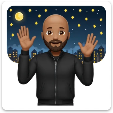 bearded bald man in black clothes, clapping hands, standing outside at night sticker