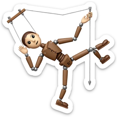 3D render of Broken Puppet as a wooden marionette puppet, Strings cut, slumped over, silver metal screw joints at elbows and knees, polished brown wood texture, rigid toy pose, emoji style, isolated on white background --v 6.0. sticker