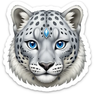 Cinematic-Noble-Snow-Leopard-Portrait-Emoji – Poised and majestic, with a muscular, agile build and a beautifully patterned coat of soft white and grey fur, marked with striking rosettes, deep-set, intelligent icy blue eyes, simplified yet sharp and sophisticated. sticker