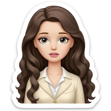 A white Barbie girl with long dark brown wavy hair in cream clothes crying with tears  sticker
