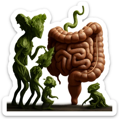 Ultra-realistic 4K illustration: stylized lettuce leaves depicted as plant-like creatures interacting with a human anatomical model of the intestine. The scene is surreal and scientific, with organic textures, refined biological details, dramatic lighting, and a bio-fantasy photorealistic style sticker