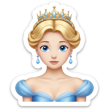 Cinematic Stunning Cinderella Portrait Emoji, Radiant in her sparkling blue ball gown, golden hair in a perfect updo, soft blue eyes full of wonder, glistening tiara, glowing with an ethereal beauty, regal yet kind, a dreamlike aura surrounds her, capturing the essence of a fairy tale princess, elegant and breathtaking! sticker