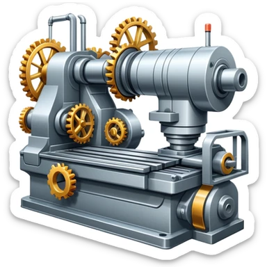 An icon featuring a giant machine tool in a factory, manufacturing machines. The design includes gears, mechanical parts, and a production line, representing the art of mechanical engineering and industrial design. Transparent background highlights precision engineering and manufacturing processes. sticker