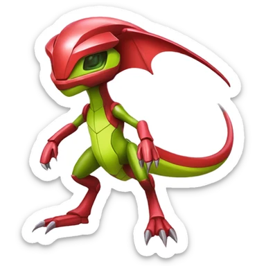 a shiny red Genesect-Flygon-Raptor-Fakémon—hybrid with a futuristic visor-helmet full body sticker