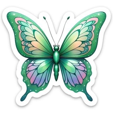 Pastel sparkly green glittery iridescent rainbow transparent butterfly with detailed intricate patterns sticker