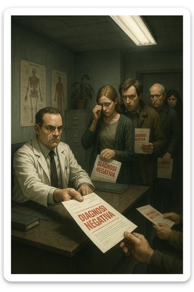 A realistic, cinematic illustration set in a dull, grey-toned medical office. A middle-aged male doctor in a white coat with a stern, cold expression is seated at his desk, handing out medical reports with large red ‘Negative Diagnosis’ stamps to each patient in line. The patients, of various ages and appearances, stand in a line, each looking increasingly sad, defeated, and demoralized as they receive their papers, with slumped shoulders and empty gazes. One young woman wipes away a tear, while a man stares at the paper in shock. The background shows medical posters, a faded plant, and harsh fluorescent lighting, emphasizing the cold, mechanical environment. The mood is heavy, illustrating how negative diagnoses delivered without empatia can deeply affect the mental health and morale of patients. The style is realistic, with subtle filmic grain, emphasizing emotional impact and the weight of medical words on people’s lives. in italiano sticker