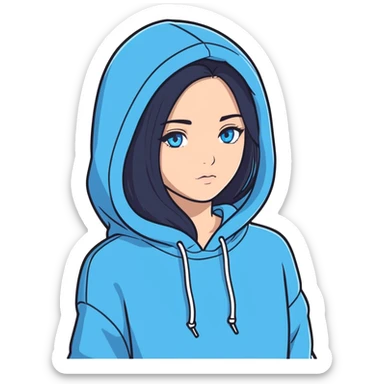 A girl with long black hair and blue eyes with a hoodie on  sticker