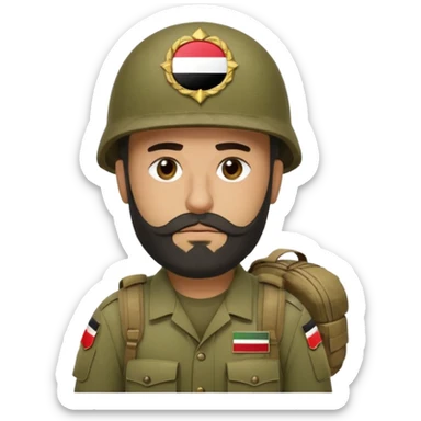 A tired, swarthy Iraqi soldier with a beard, an Iraqi flag on his helmet, a sad expression and bags under his eyes sticker