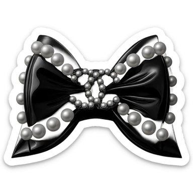 Add a solid black background behind the elegant bow with pearls and gold Chanel logo, glossy, monochrome, realistic style with soft reflections and highlights on the bow and pearls. sticker