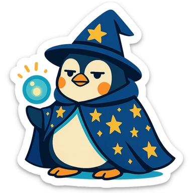 chubby penguin in wizard attire, with a starry cloak and a glowing orb, looking wise and mystical sticker