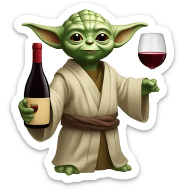 happy yoda with a red wine bottle sticker