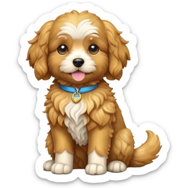 cinematic-[cavoodle dog]-realistic-full-body-sitting-emoji,-tail-resting-loosely-beside-its-paws,-head-tilted-dramatically,-curly-[solid golden]-fur,-simplified-yet-realistic-focused-features,-highly-detailed,-glowing-with-an-almost-sarcastic-glow sticker