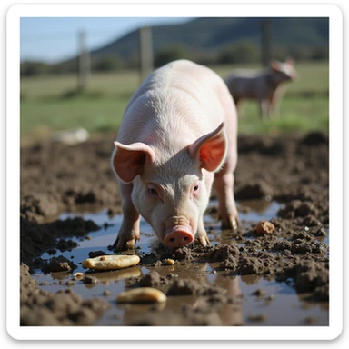 pig in an outdoor pen, feeding on leftovers and feces in the mud, rural environment, natural light, 4K quality sticker