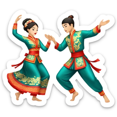 Cinematic Realistic scene of two performers executing a traditional Vietnamese folk dance, adorned in intricately patterned traditional costumes, captured in fluid motion with soft, culturally rich lighting sticker