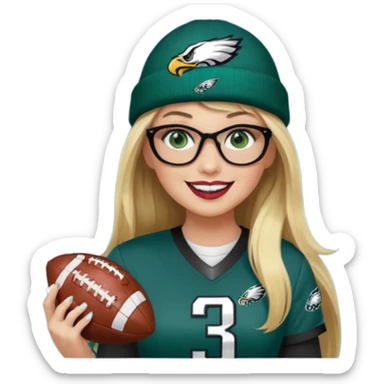 full length women wearing eagles uniform, long blonde hair, bangs, green eyes, black rectangle glasses, holding football, number 33, smiling, lipstick, eagles beanie sticker