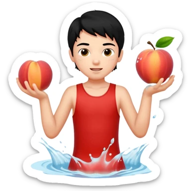 a peach splashing water in boy's mouth above his with black hair and red dress sticker